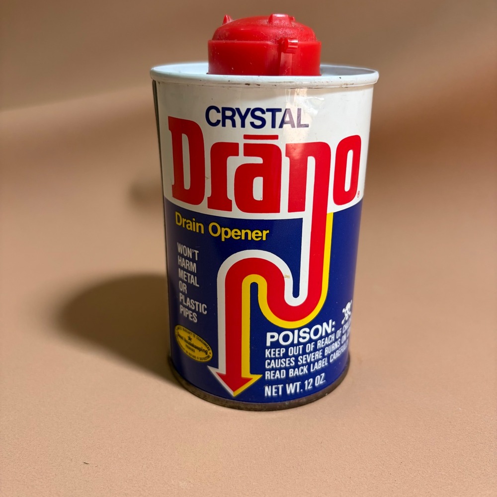 Vintage Drano Crystal Drain Opener Tin 12oz Canister 1977-1984 Drackett USA 1/2